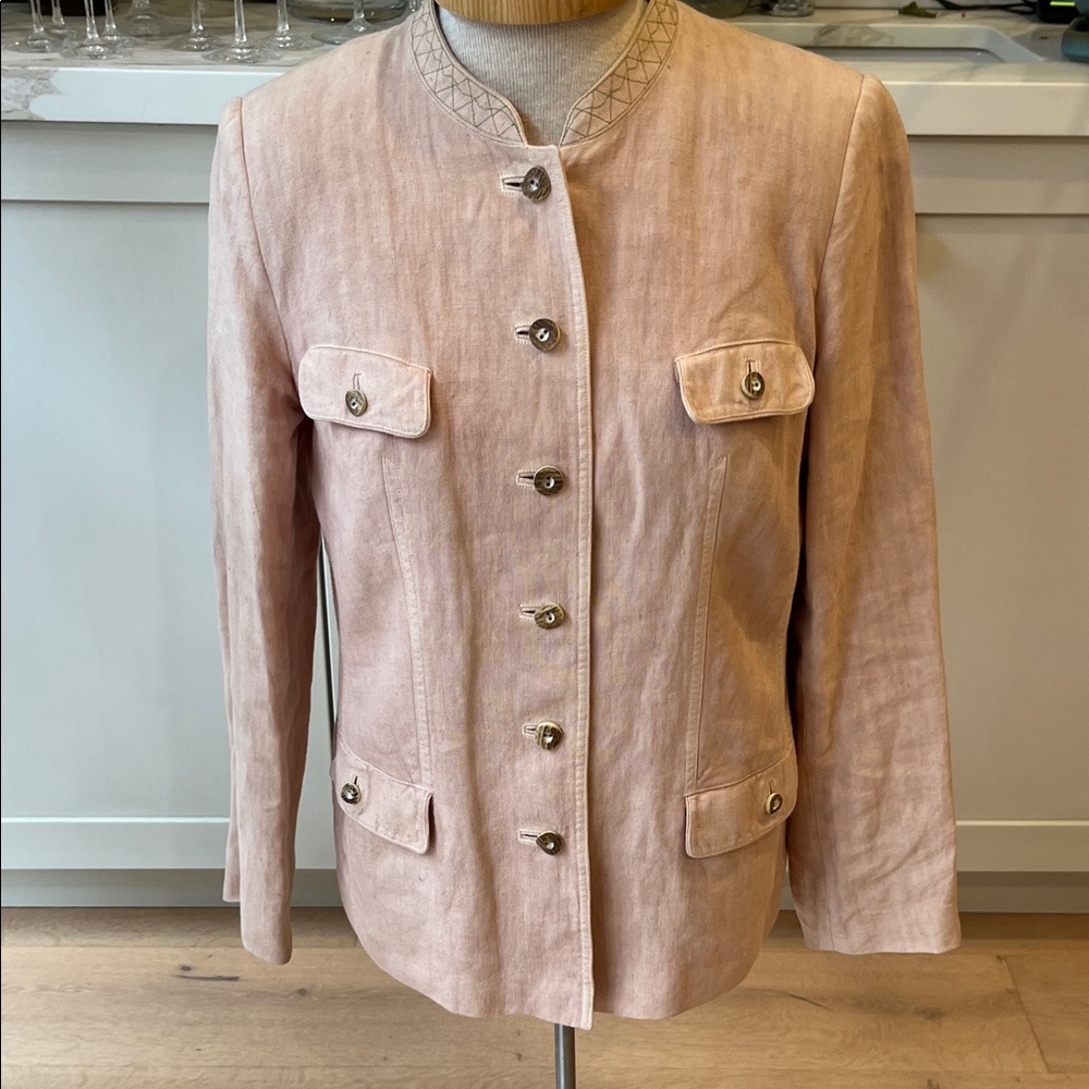 Women's Pink 100.% Linen high collar Jacket with 100% silk lining &bone buttons